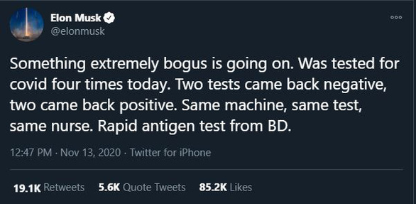 Elon Musk xét nghiệm COVID-19 4 lần cho kết quả: 2 dương tính, 2 âm tính - Ảnh 2.