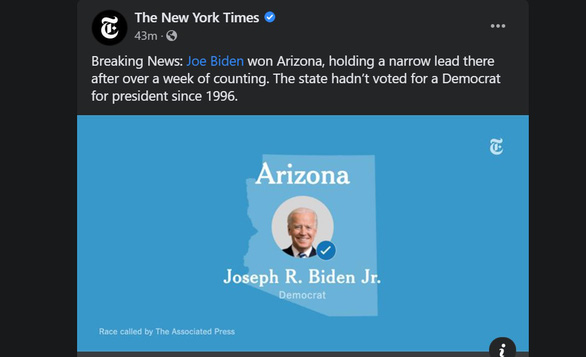New York Times, CNN: ông Biden giành 11 phiếu đại cử tri ở Arizona - Ảnh 1.