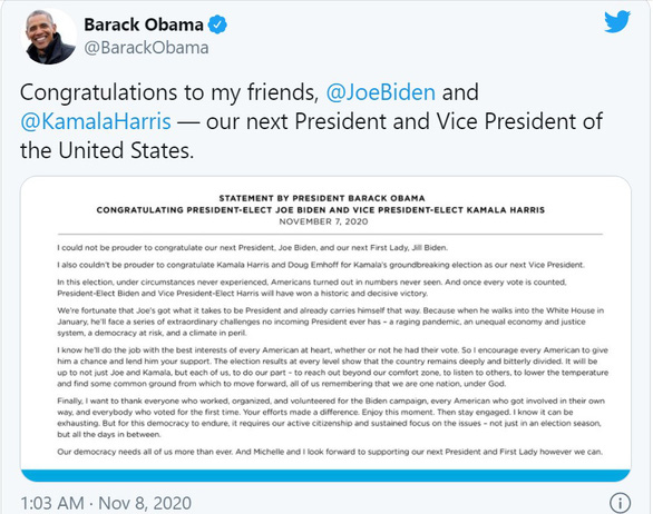Cựu tổng thống Barack Obama và vợ Michelle Obama chúc mừng ông Biden - Ảnh 2.