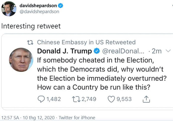 Đại sứ quán Trung Quốc nói bị hack khi tài khoản tweet chia sẻ việc ông Trump tố gian lận bầu cử - Ảnh 1.