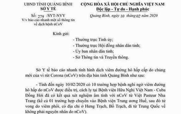 Người tử vong ở Quảng Bình là do viêm phổi, không phải vì virus corona - Ảnh 1. Người tử vong ở Quảng Bình là do viêm phổi, không phải vì virus corona - Ảnh 1.