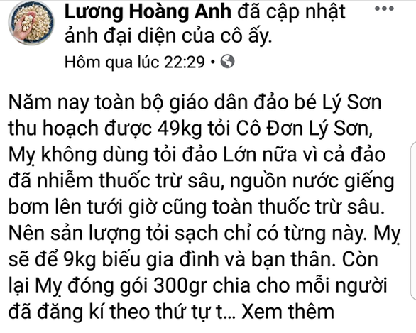 Chủ tài khoản Facebook Lương Hoàng Anh bị mời làm việc do tung tin đồn về tỏi Lý Sơn - Ảnh 1.
