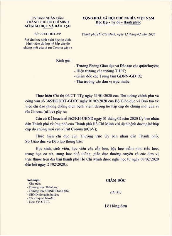 Văn bản TP.HCM cho học sinh nghỉ học tiếp đến hết ngày 21-2 thật hay giả? - Ảnh 2. Văn bản TP.HCM cho học sinh nghỉ học tiếp đến hết ngày 21-2 thật hay giả? - Ảnh 2.