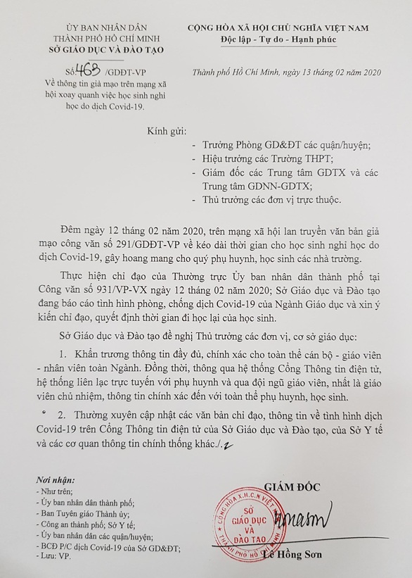 Văn bản TP.HCM cho học sinh nghỉ học tiếp đến hết ngày 21-2 thật hay giả? - Ảnh 3. Văn bản TP.HCM cho học sinh nghỉ học tiếp đến hết ngày 21-2 thật hay giả? - Ảnh 3.