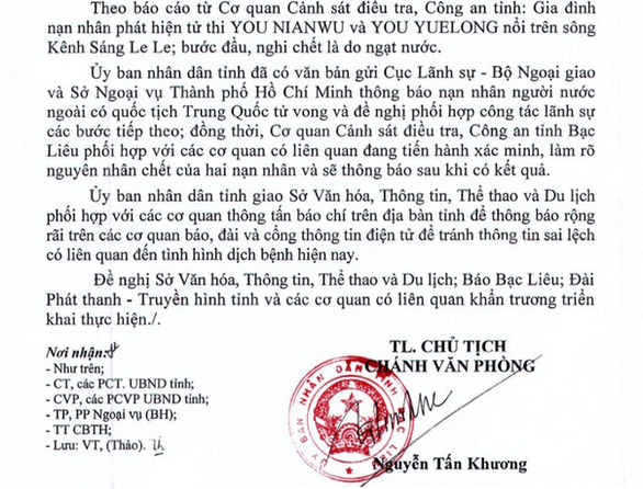 Hai người Trung Quốc tử vong ở Bạc Liêu nghi do ngạt nước - Ảnh 1. Hai người Trung Quốc tử vong ở Bạc Liêu nghi do ngạt nước - Ảnh 1.