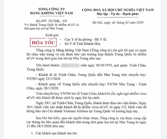 1 du khách Trung Quốc nhiễm virus corona từng lưu trú ở Nha Trang - Ảnh 1. 1 du khách Trung Quốc nhiễm virus corona từng lưu trú ở Nha Trang - Ảnh 1.