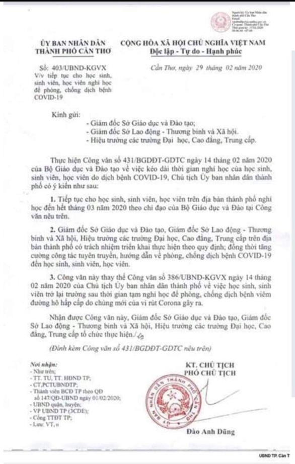 Văn bản cho học sinh, sinh viên Cần Thơ nghỉ hết tháng 3 là giả mạo - Ảnh 1. Văn bản cho học sinh, sinh viên Cần Thơ nghỉ hết tháng 3 là giả mạo - Ảnh 1.