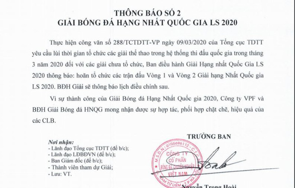 Tạm hoãn Giải bóng đá hạng nhất 2020 - Ảnh 1. Tạm hoãn Giải bóng đá hạng nhất 2020 - Ảnh 1.