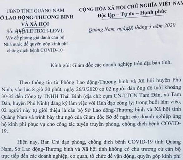 Giả danh cán bộ Sở Lao động kêu gọi hỗ trợ kinh phí phòng chống dịch COVID-19 - Ảnh 1. Giả danh cán bộ Sở Lao động kêu gọi hỗ trợ kinh phí phòng chống dịch COVID-19 - Ảnh 1.