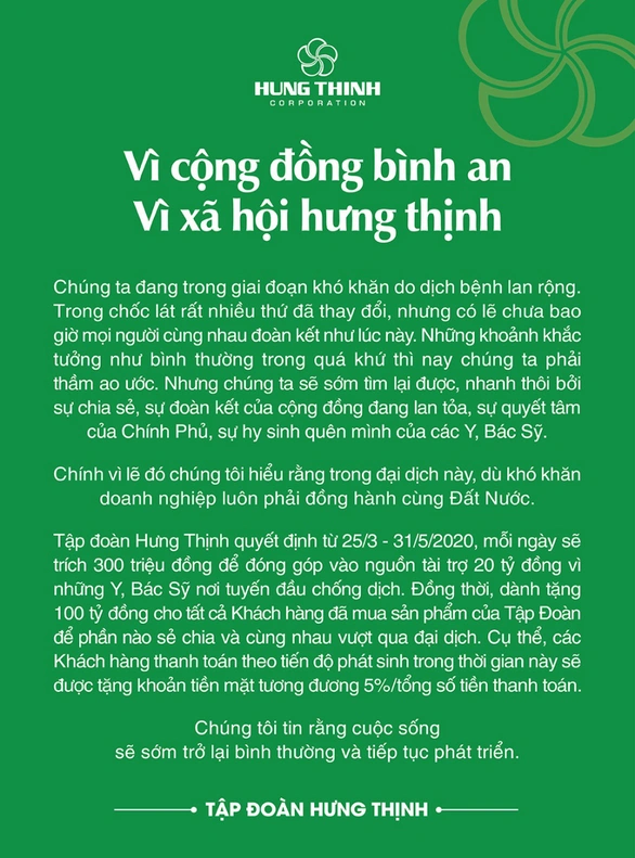 Tập đoàn Hưng Thịnh tài trợ 20 tỷ đồng cho các y, bác sĩ chống dịch - Ảnh 1. Tập đoàn Hưng Thịnh tài trợ 20 tỷ đồng cho các y, bác sĩ chống dịch - Ảnh 1.