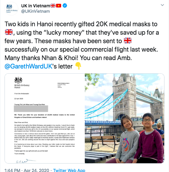 2 trẻ Việt tặng Anh 20.000 khẩu trang, đại sứ Anh cảm ơn món quà ý nghĩa - Ảnh 1.