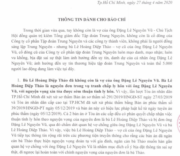 Tập đoàn Trung Nguyên tiếp tục khẳng định bà Thảo không còn là cổ đông - Ảnh 1. Tập đoàn Trung Nguyên tiếp tục khẳng định bà Thảo không còn là cổ đông - Ảnh 1.