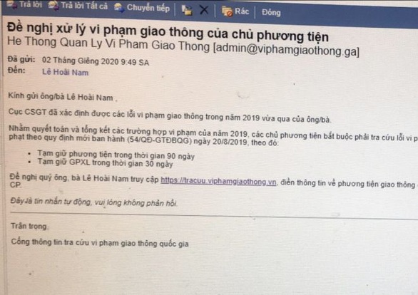 Nhận email từ Cục CSGT báo lỗi vi phạm giao thông? Chắc chắn bẫy lừa! - Ảnh 1. Nhận email từ Cục CSGT báo lỗi vi phạm giao thông? Chắc chắn bẫy lừa! - Ảnh 1.