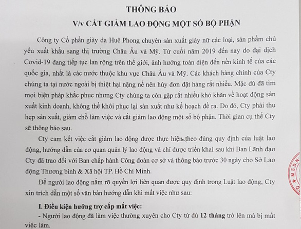 Huê Phong gửi thông báo đến công nhân quanh việc giảm 2.000 người - Ảnh 1.