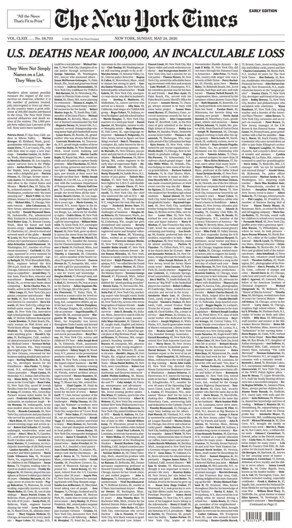 Dịch COVID-19: New York Times đếm không xuể người chết tại Mỹ - Ảnh 1. Dịch COVID-19: New York Times đếm không xuể người chết tại Mỹ - Ảnh 1.