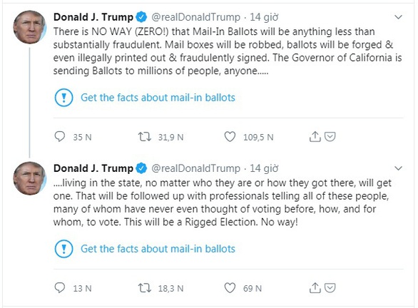 Ông Trump phẫn nộ vì bị Twitter gắn nhãn thông tin cần kiểm chứng với các tweet của mình - Ảnh 2. Ông Trump phẫn nộ vì bị Twitter gắn nhãn thông tin cần kiểm chứng với các tweet của mình - Ảnh 2.