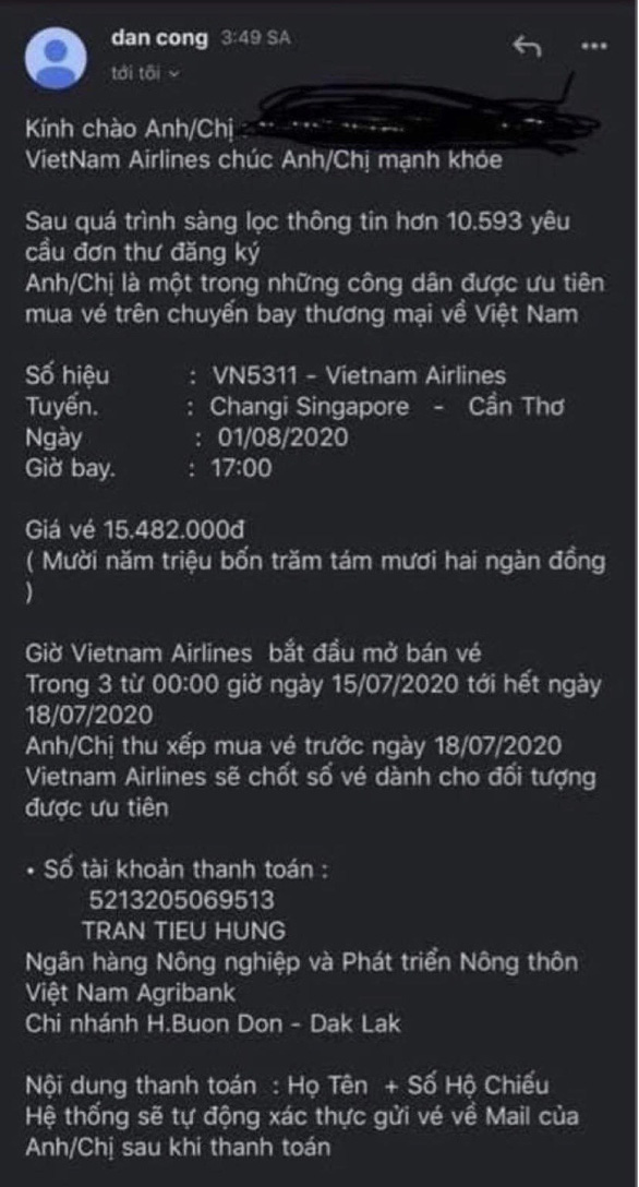 Mạo danh Vietnam Airlines để mời khách mua vé máy bay về nước tránh dịch - Ảnh 2.