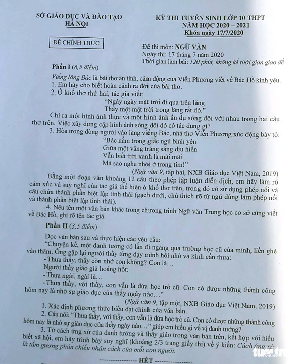 Đề thi văn lớp 10 Hà Nội trúng tủ thí sinh - Ảnh 1.