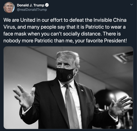 Ông Trump đăng ảnh đeo khẩu trang, nói không ai yêu nước hơn tôi - Ảnh 2. Ông Trump đăng ảnh đeo khẩu trang, nói không ai yêu nước hơn tôi - Ảnh 2.
