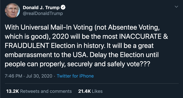 Ông Trump kêu gọi hoãn bầu cử tổng thống Mỹ tháng 11 vì sợ... gian lận - Ảnh 1. Ông Trump kêu gọi hoãn bầu cử tổng thống Mỹ tháng 11 vì sợ... gian lận - Ảnh 1.
