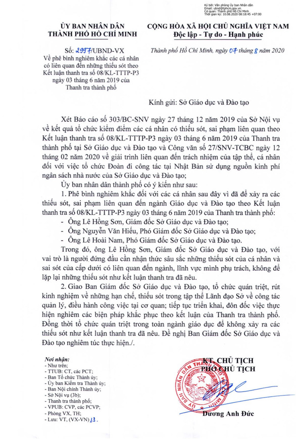 UBND TP.HCM phê bình Sở GD-ĐT vì tổ chức đoàn đi công tác Nhật Bản - Ảnh 1. UBND TP.HCM phê bình Sở GD-ĐT vì tổ chức đoàn đi công tác Nhật Bản - Ảnh 1.