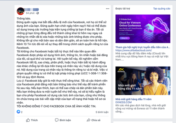 Nhiều người lại bị tin giả lừa ‘tôi không đồng ý cho Facebook chia sẻ ảnh hoặc tin’