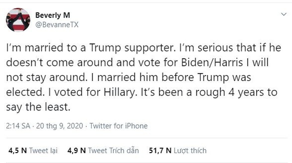 Phụ nữ Mỹ gây bão vì dọa bỏ chồng nếu chồng bầu cho ông Trump - Ảnh 1. Phụ nữ Mỹ gây bão vì dọa bỏ chồng nếu chồng bầu cho ông Trump - Ảnh 1.