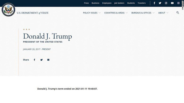 Trang web Bộ Ngoại giao Mỹ đăng nhầm tin ông Trump đã hết nhiệm kỳ - Ảnh 1.
