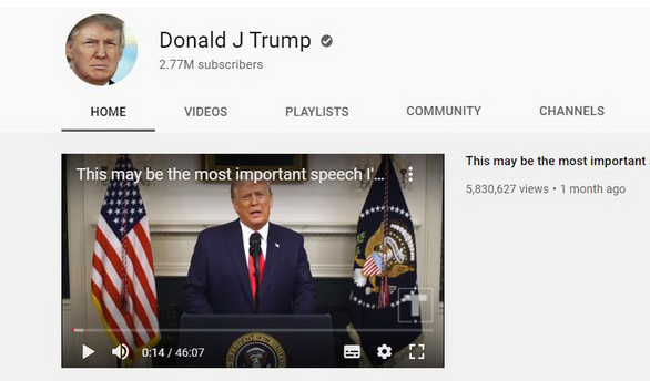 YouTube đình chỉ kênh của ông Trump - Ảnh 1.