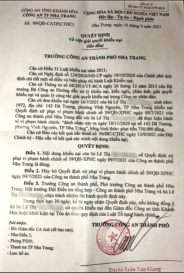 Hủy quyết định xử phạt vi phạm hành chính nhiều không của Công an TP Nha Trang - Ảnh 1. Hủy quyết định xử phạt vi phạm hành chính nhiều không của Công an TP Nha Trang - Ảnh 1.