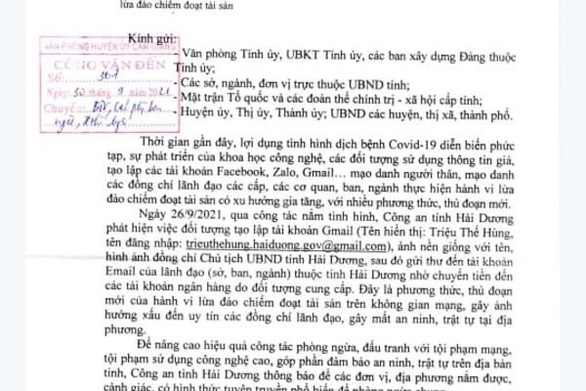 Điều tra việc giả danh chủ tịch tỉnh Hải Dương gửi email đề nghị chuyển tiền - Ảnh 1.