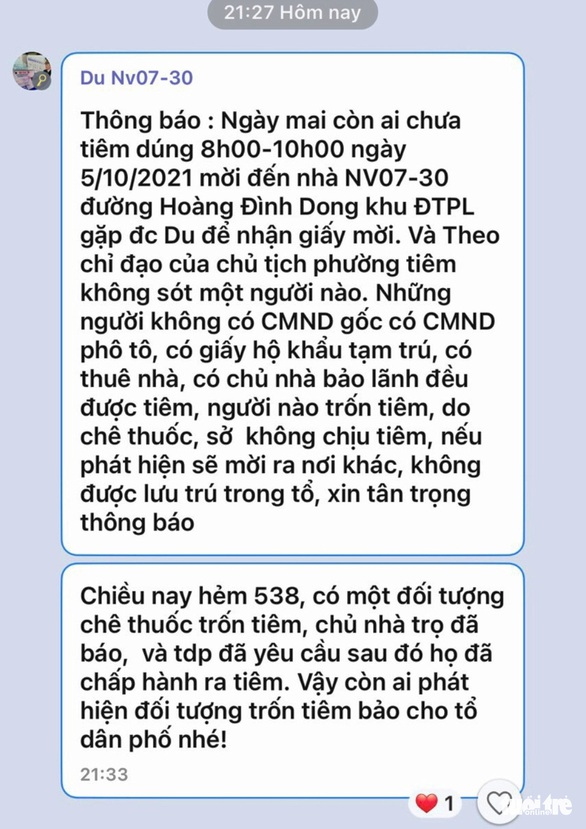 Tổ trưởng dân phố dọa người dân không tiêm vắc xin sẽ không được lưu trú trong tổ? - Ảnh 1. Tổ trưởng dân phố dọa người dân không tiêm vắc xin sẽ không được lưu trú trong tổ? - Ảnh 1.