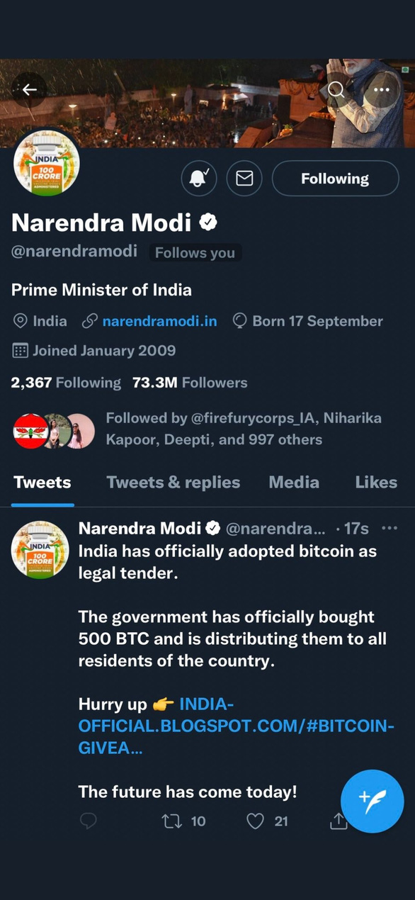 Tài khoản Twitter của thủ tướng Ấn Độ bị hack - Ảnh 1.