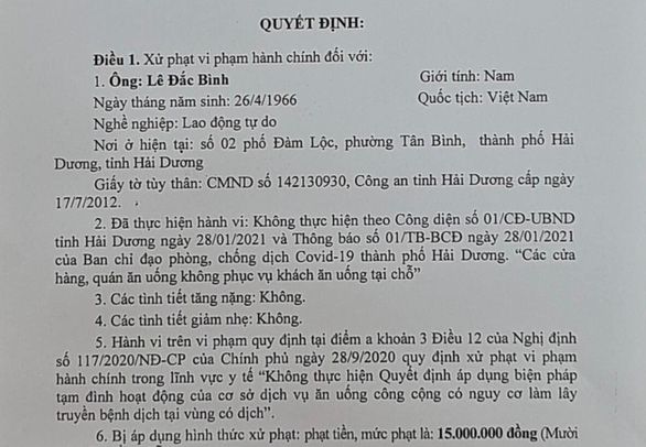 Hải Dương xử phạt 30 triệu đồng 2 chủ quán phục vụ khách ăn tại chỗ - Ảnh 1.