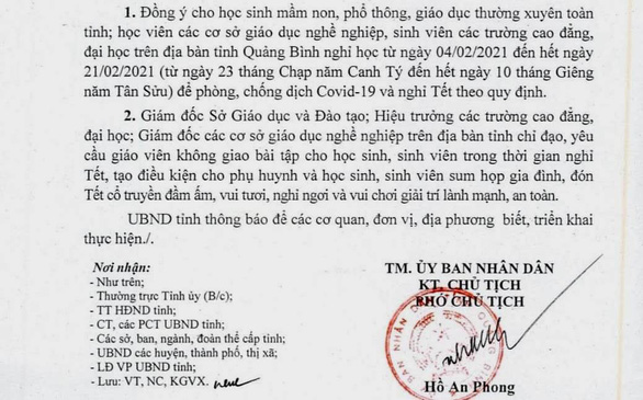 Quảng Bình cho học sinh nghỉ Tết sớm, không giao bài tập về nhà - Ảnh 1.