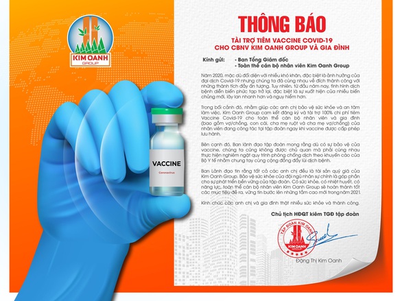 Kim Oanh Group tài trợ tiêm vaccine COVID-19 cho cán bộ nhân viên và gia đình - Ảnh 1. Kim Oanh Group tài trợ tiêm vaccine COVID-19 cho cán bộ nhân viên và gia đình - Ảnh 1.