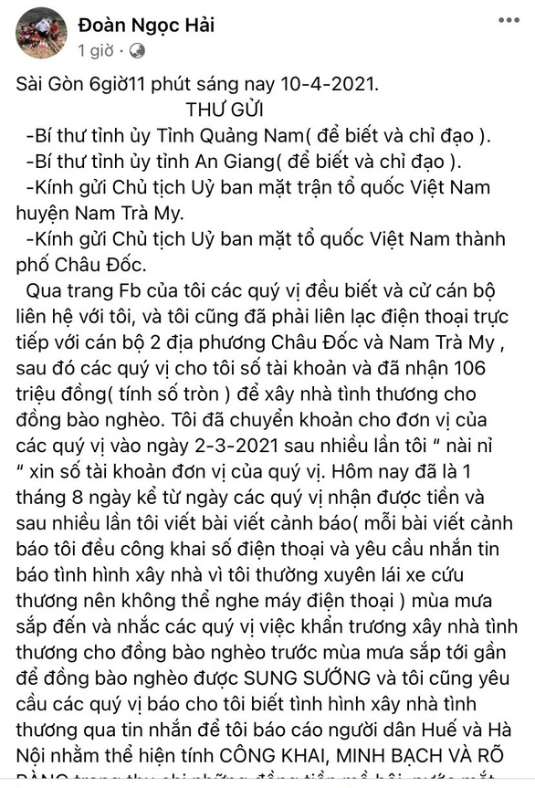 Ông Đoàn Ngọc Hải đòi lại tiền hỗ trợ xây nhà: Quảng Nam yêu cầu làm rõ - Ảnh 1.