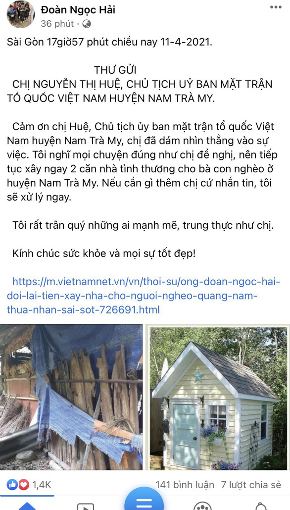 Ông Đoàn Ngọc Hải đổi ý không đòi lại tiền, tiếp tục xây nhà cho người nghèo - Ảnh 1.