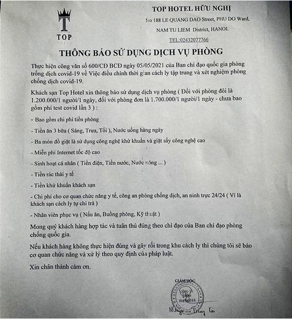 Làm rõ việc người cách ly tố khách sạn bắt trả phí cho cơ quan y tế, công an phòng chống dịch - Ảnh 2.