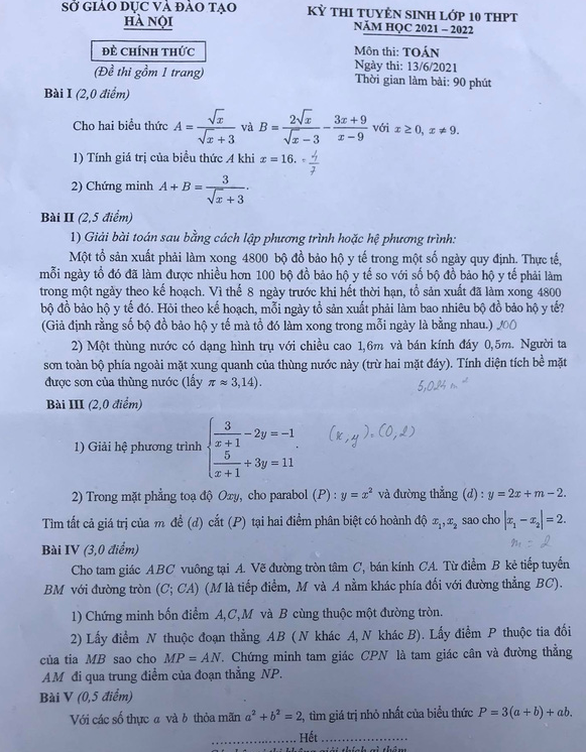 Đề toán thi vào lớp 10 Hà Nội - Ảnh 1.