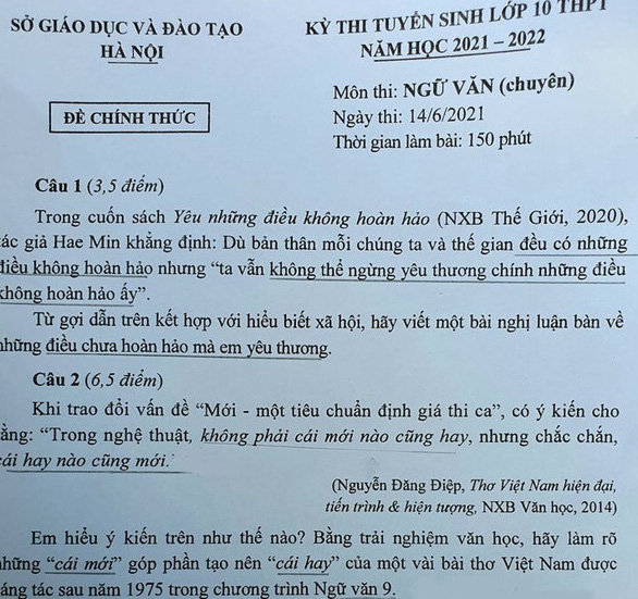 Đề thi văn vào trường chuyên Hà Nội về ‘sự yêu thương điều không hoàn hảo’ - Ảnh 1.