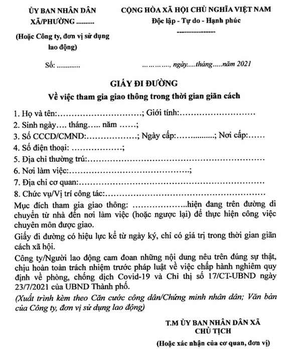 Hà Nội quy định mẫu giấy tờ cho các trường hợp được lưu thông trong giãn cách xã hội - Ảnh 1.