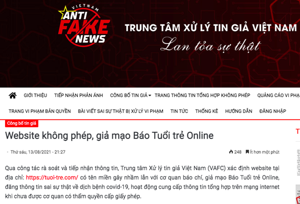 Trung tâm xử lý tin giả Việt Nam thông tin về website không phép, giả mạo báo Tuổi Trẻ Online - Ảnh 1.