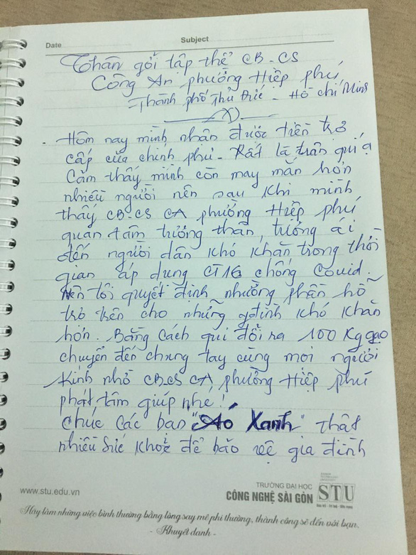 Bức thư tay gửi Công an phường nhờ đổi tiền trợ cấp thành 100kg gạo giúp người nghèo - Ảnh 2.