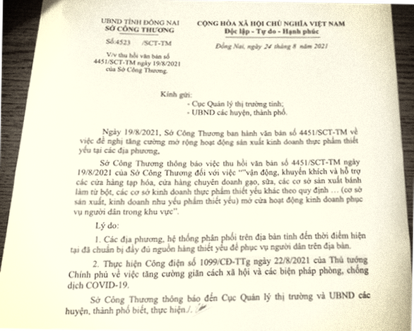 Đồng Nai thu hồi văn bản vận động dân mở cửa kinh doanh mặt hàng thiết yếu - Ảnh 1.
