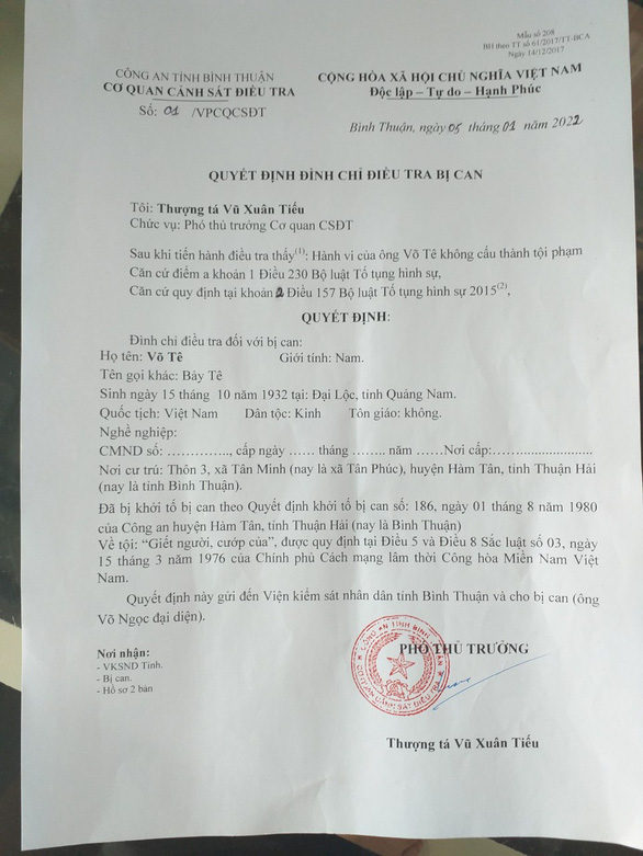 Vụ án 39 năm không tìm ra hung thủ: Đình chỉ điều tra bị can đối với ông Võ Tê - Ảnh 2.