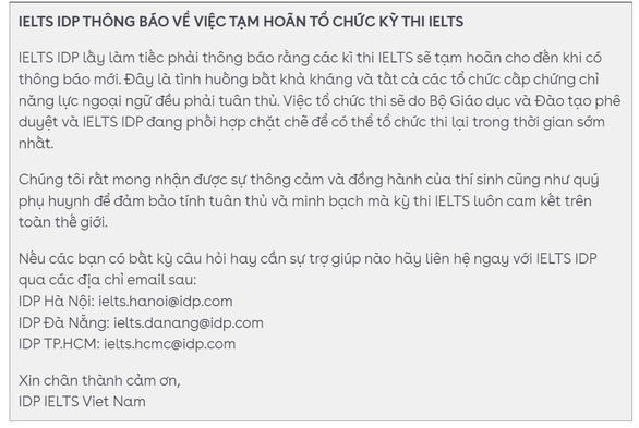 Sau Hội đồng Anh, IDP thông báo tạm hoãn kỳ thi IELTS - Ảnh 2.