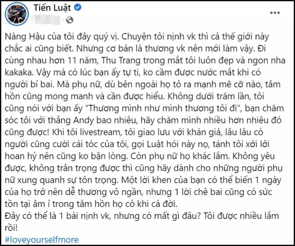Tiến Luật công khai nịnh vợ, tiết lộ Thu Trang từng bị body shaming - Ảnh 2. Tiến Luật công khai nịnh vợ, tiết lộ Thu Trang từng bị body shaming - Ảnh 2.