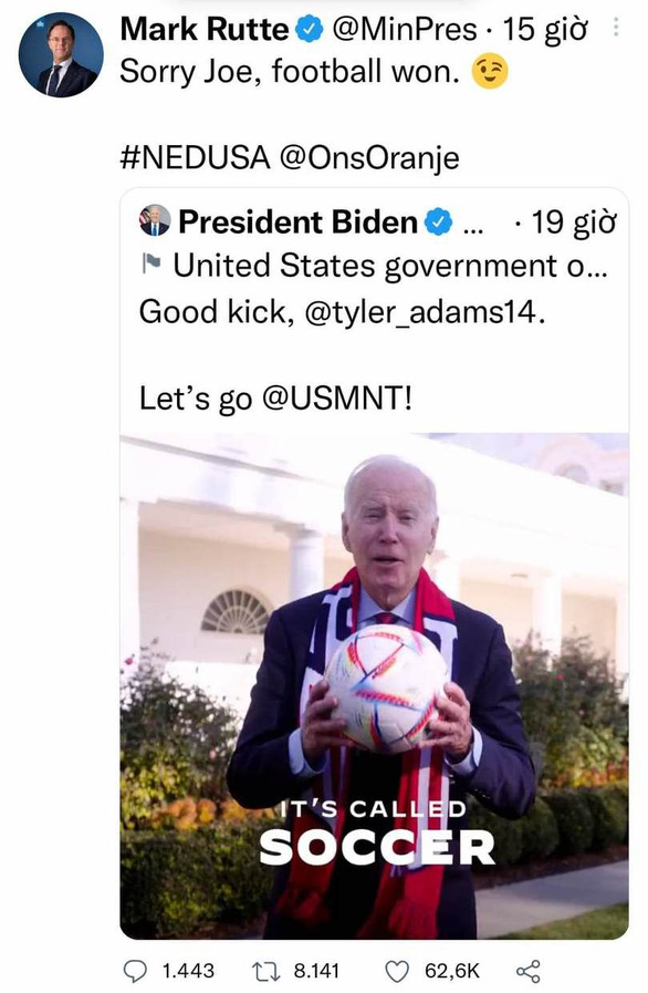 Thủ tướng Hà Lan chọc Tổng thống Biden: Xin lỗi Joe, bóng đá đã chiến thắng - Ảnh 1.