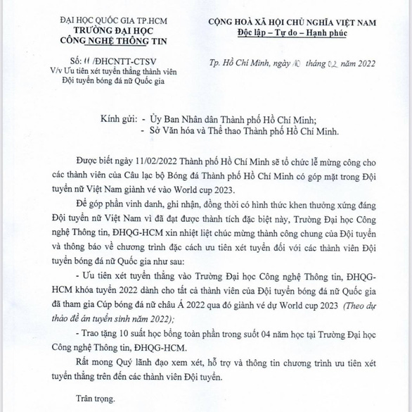 Một trường đại học ưu tiên xét tuyển thẳng thành viên đội tuyển bóng đá nữ quốc gia - Ảnh 2.